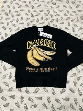 Ganni Black Sweater Fun Banana Graphic cropped knit sweater Have a nice day